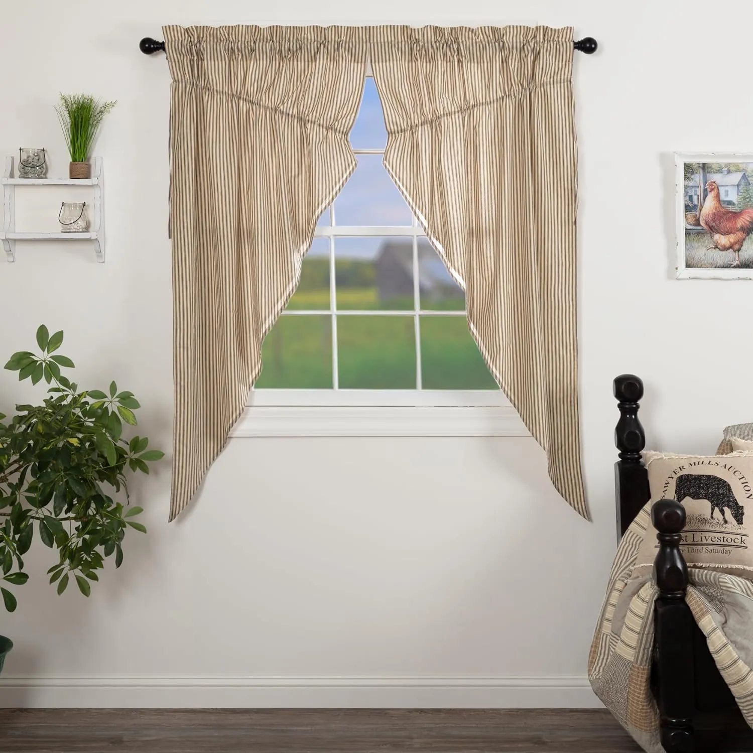 VHC Brands Sawyer Mill Charcoal Prairie Curtain Set Lined Drapes Farmhouse Country Striped Cotton 63 Inch Long for Living Room