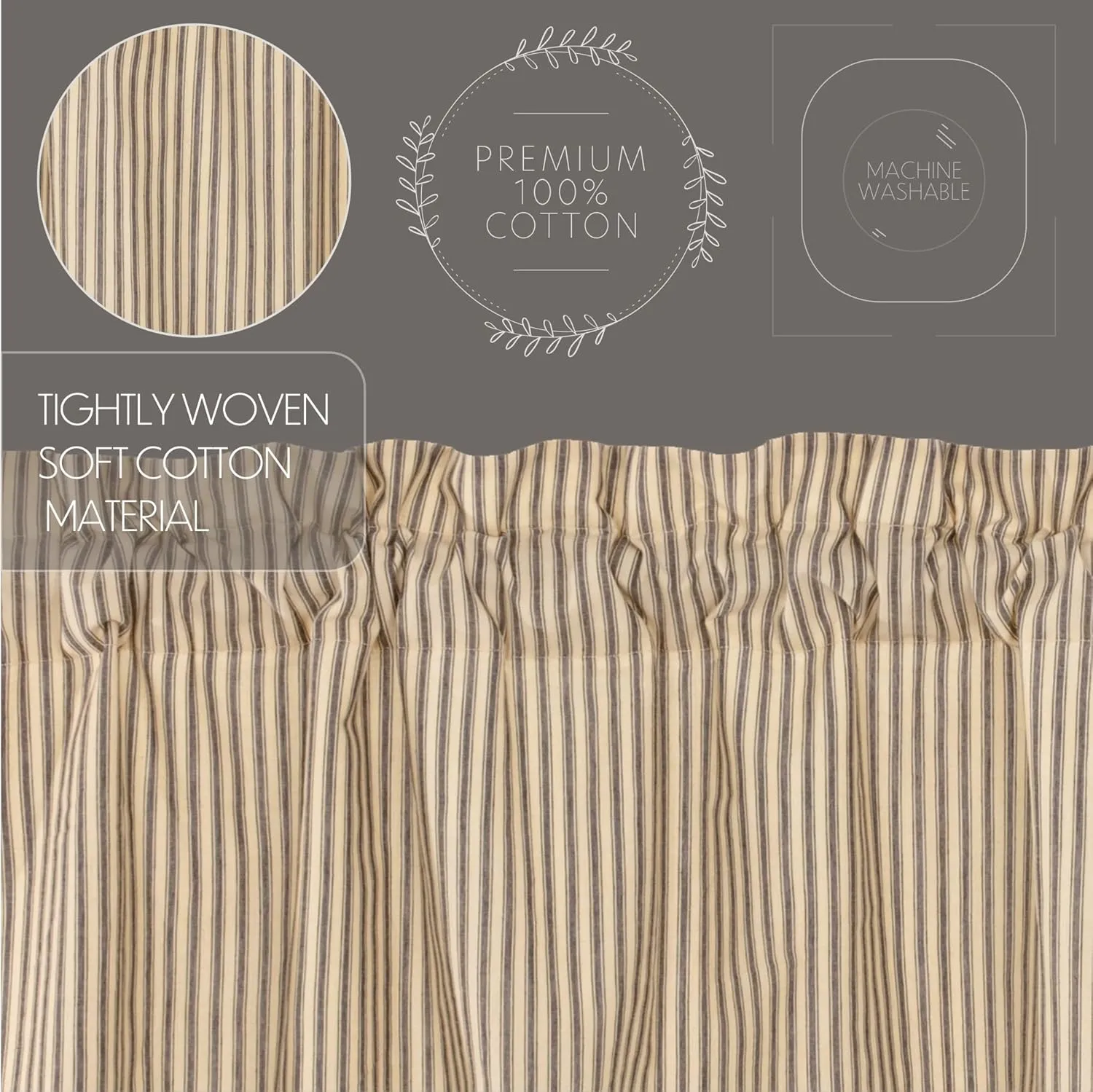 VHC Brands Sawyer Mill Charcoal Prairie Curtain Set Lined Drapes Farmhouse Country Striped Cotton 63 Inch Long for Living Room
