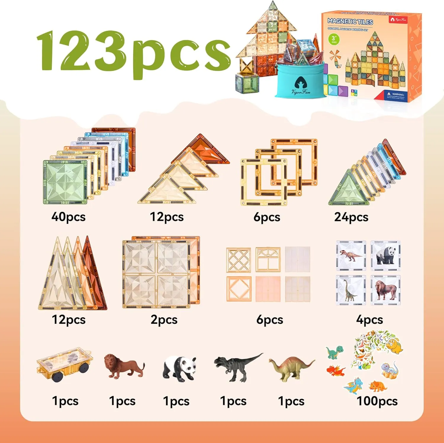 VigorFun 123-Piece Magnetic Tiles Building Set for Kids Ages 3-8 – Creative Play STEM Toys with Car & Animal Models, Stickers | Educational Construction Sensory Gift for Toddlers, Boys & Girls