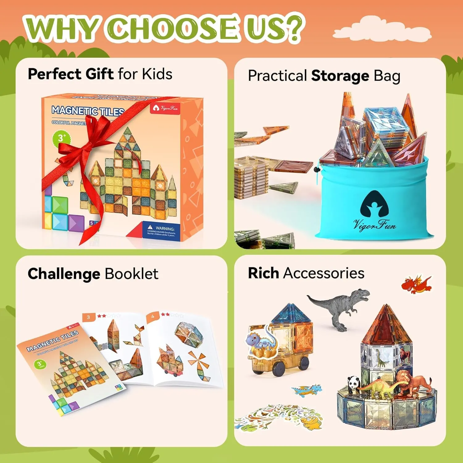 VigorFun 123-Piece Magnetic Tiles Building Set for Kids Ages 3-8 – Creative Play STEM Toys with Car & Animal Models, Stickers | Educational Construction Sensory Gift for Toddlers, Boys & Girls