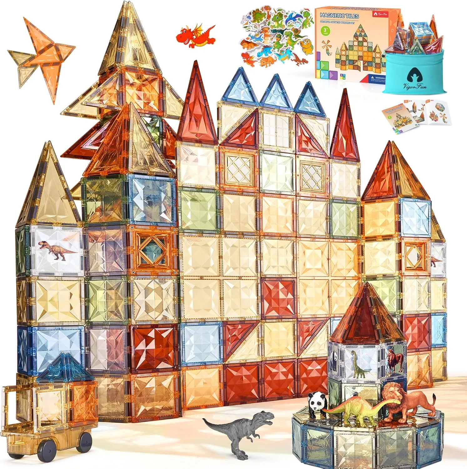 VigorFun 123-Piece Magnetic Tiles Building Set for Kids Ages 3-8 – Creative Play STEM Toys with Car & Animal Models, Stickers | Educational Construction Sensory Gift for Toddlers, Boys & Girls