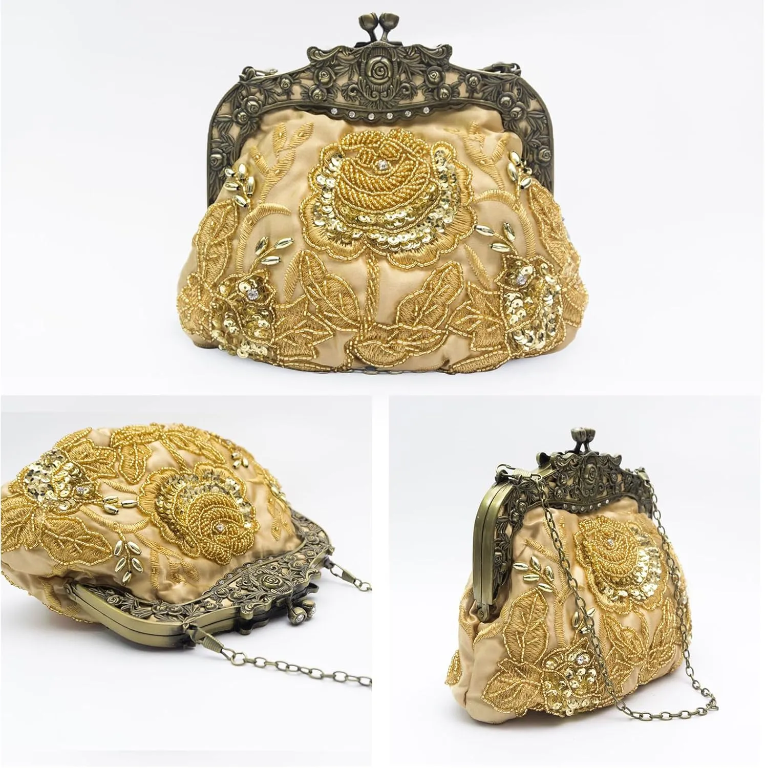 Vintage 1920s Beaded Evening Bag Pearl Clutch Bag for Women Bridal Wedding Purse Sequin Rhinestone Handbag