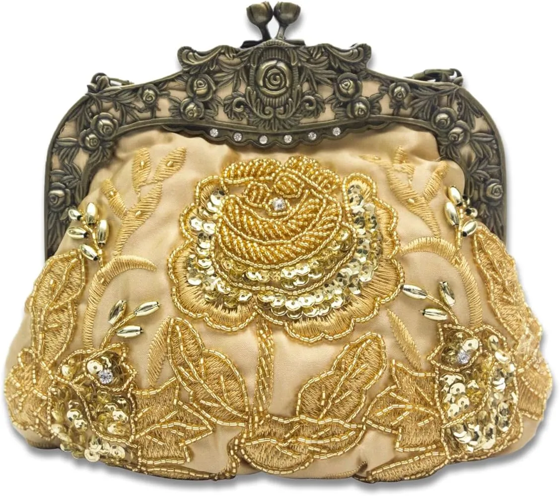 Vintage 1920s Beaded Evening Bag Pearl Clutch Bag for Women Bridal Wedding Purse Sequin Rhinestone Handbag