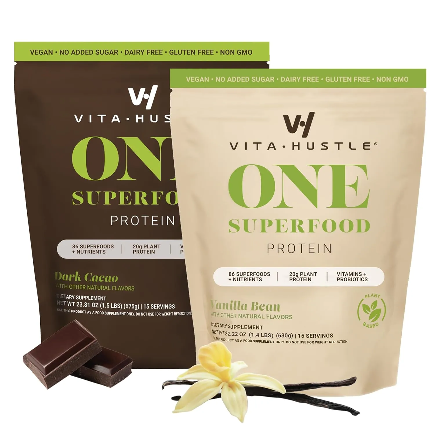 VitaHustle 2 Bags ONE Superfood Protein   Greens Vanilla/Chocolate | 20g Plant Based Protein   Greens with Probiotics, Adaptogens - 2 Pack (Chocolate/Vanilla 15 Servings, 2 Bags)