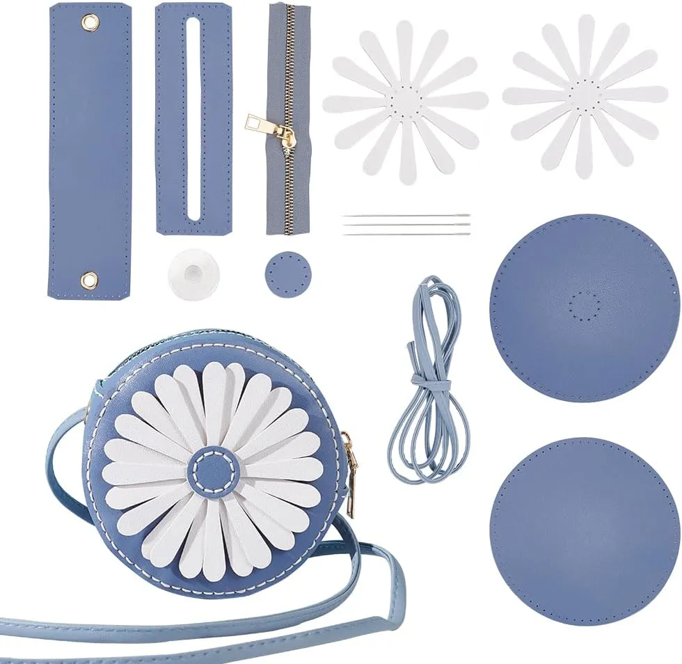 WADORN DIY Purse Sewing Kit, DIY Crafts Lovely Shoulder Bag Sewing Materials Cute Flower Sewing Pattern Sewing Round Bag Kit for Handmade Purse Making Accessories Birthday Gift, Blue