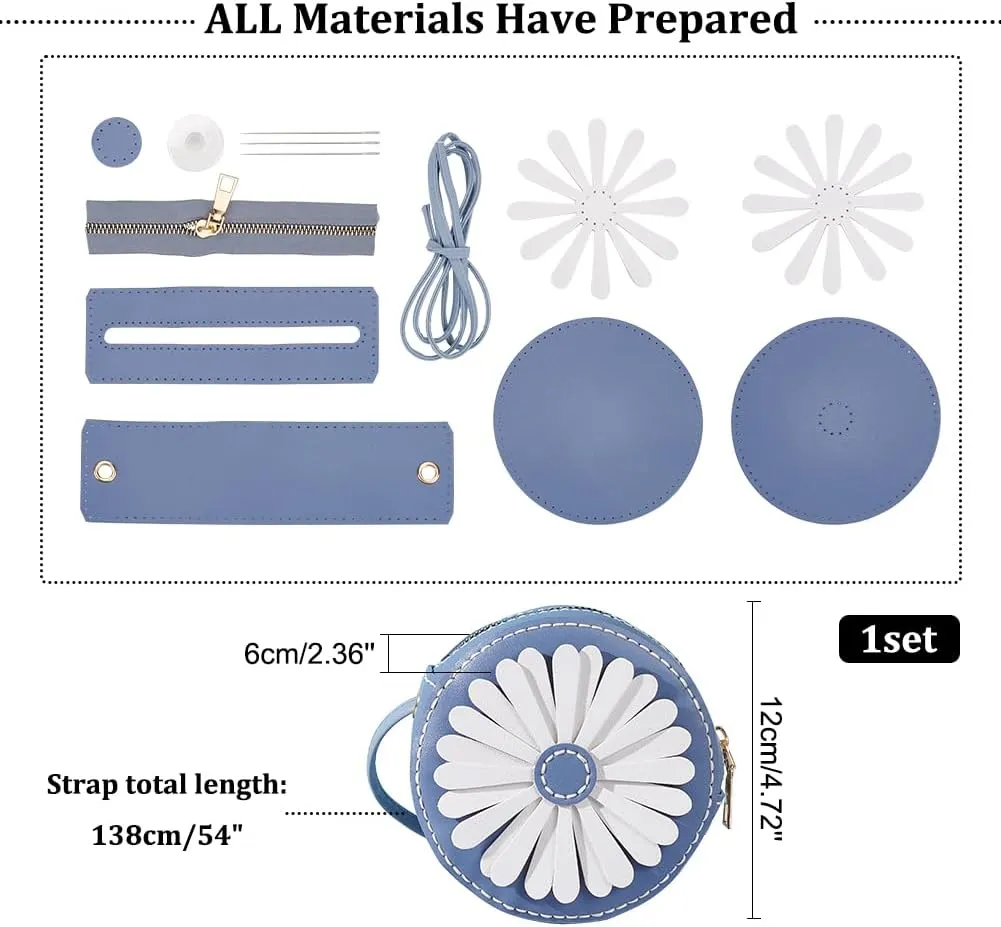 WADORN DIY Purse Sewing Kit, DIY Crafts Lovely Shoulder Bag Sewing Materials Cute Flower Sewing Pattern Sewing Round Bag Kit for Handmade Purse Making Accessories Birthday Gift, Blue