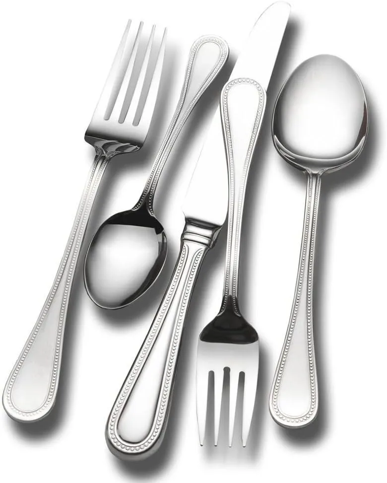 Wallace Continental Bead Silverware, 18/10 Stainless Steel Cutlery 12, Includes 5 Serving Utencils, 65 Piece Set, Silver