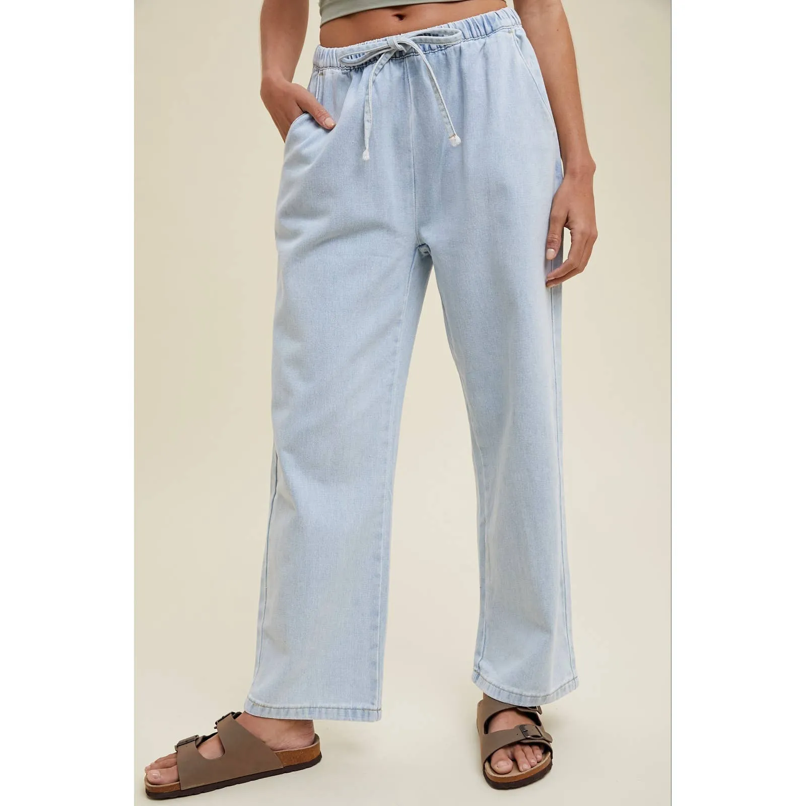 Washed Drawstring Baggy Denim Pants