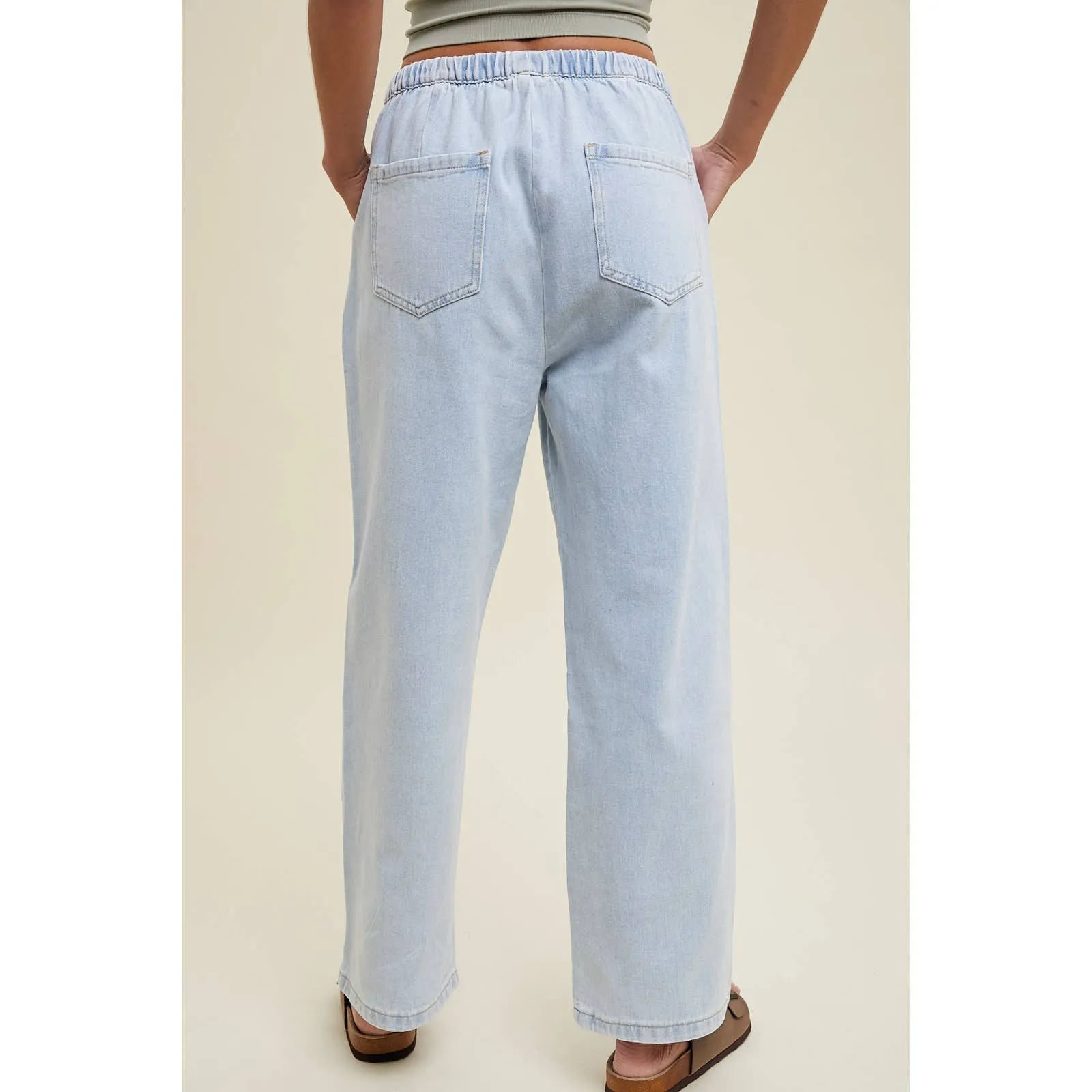 Washed Drawstring Baggy Denim Pants