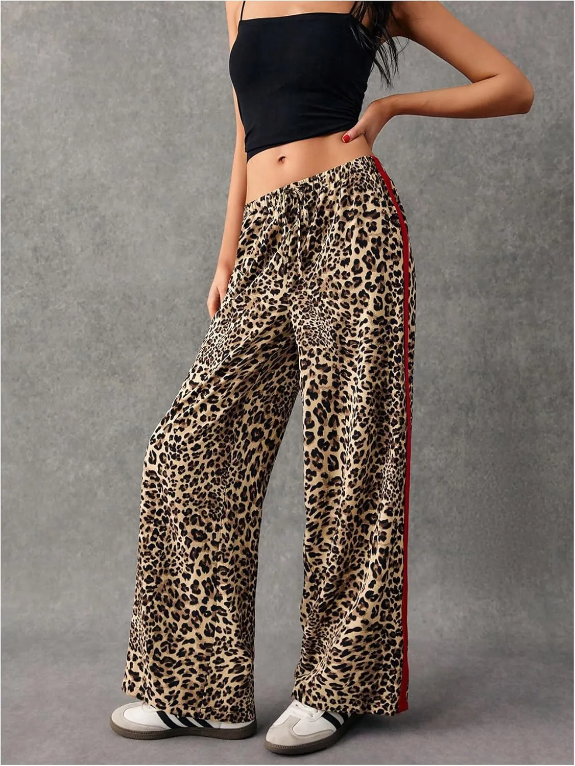 WDIRARA Women's Leopard Print Side Striped Wide Leg Sweatpants High Waisted Drawstring Baggy Pants