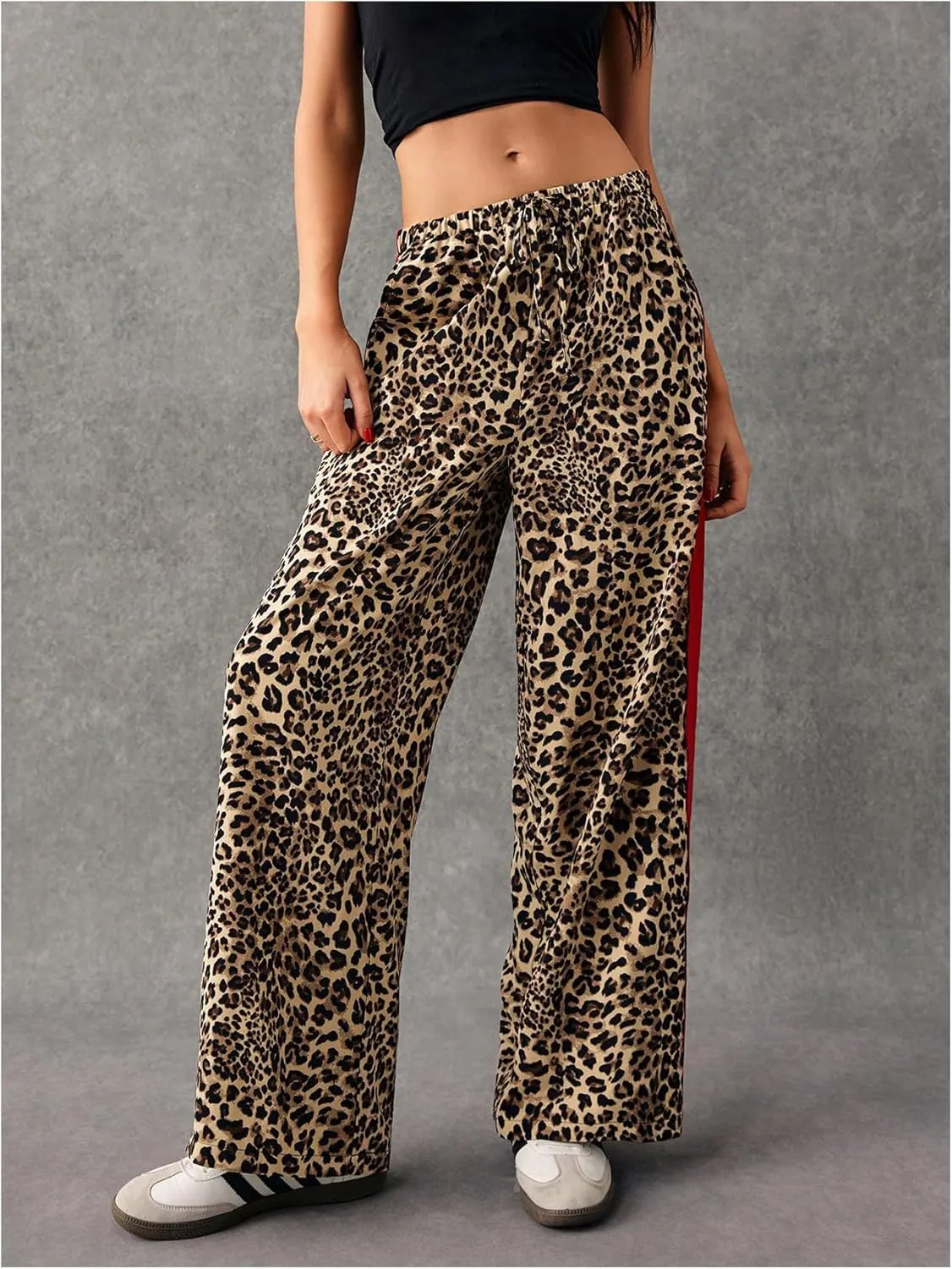 WDIRARA Women's Leopard Print Side Striped Wide Leg Sweatpants High Waisted Drawstring Baggy Pants