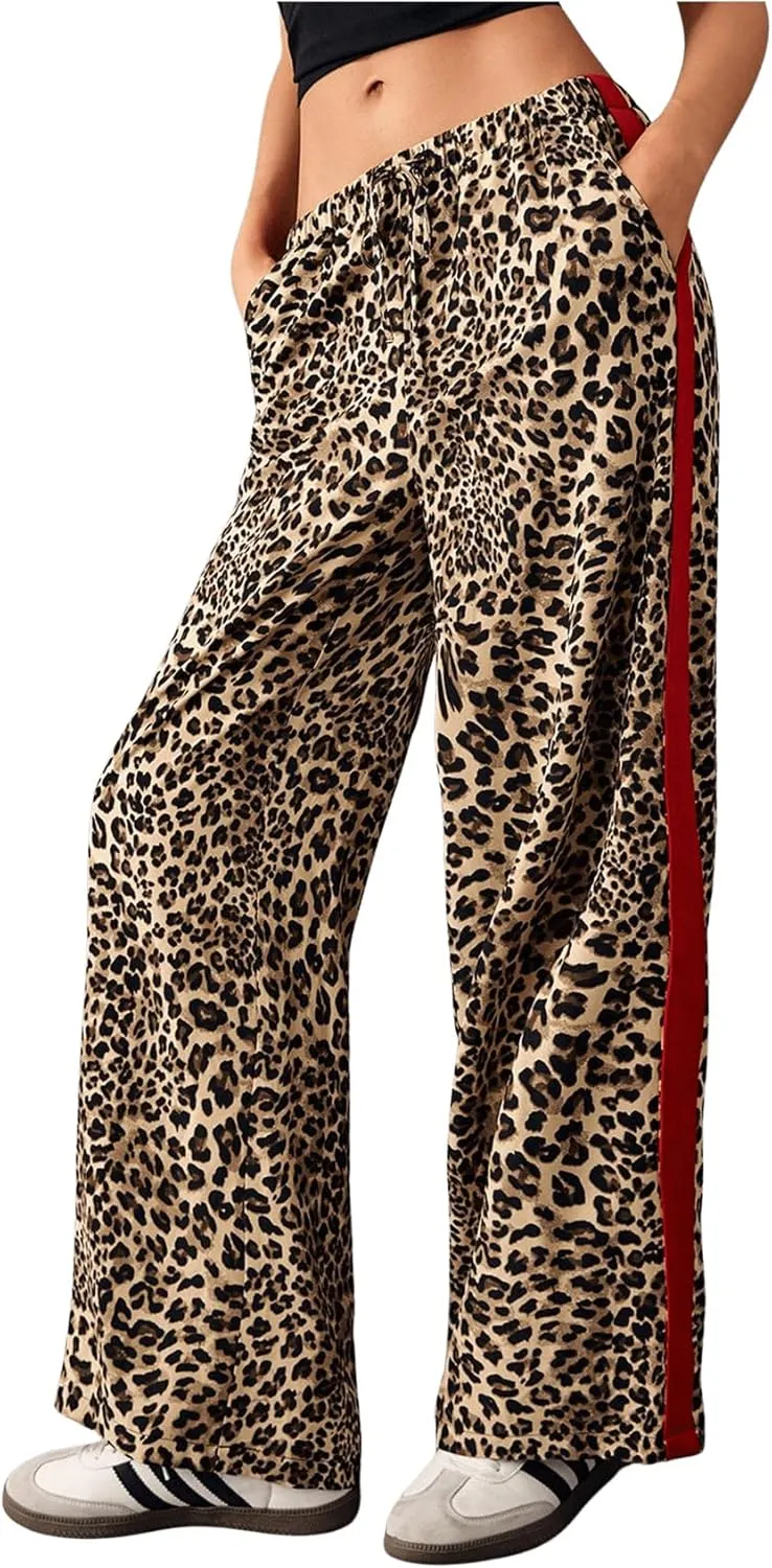 WDIRARA Women's Leopard Print Side Striped Wide Leg Sweatpants High Waisted Drawstring Baggy Pants