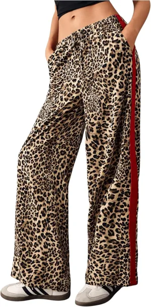 WDIRARA Women's Leopard Print Side Striped Wide Leg Sweatpants High Waisted Drawstring Baggy Pants