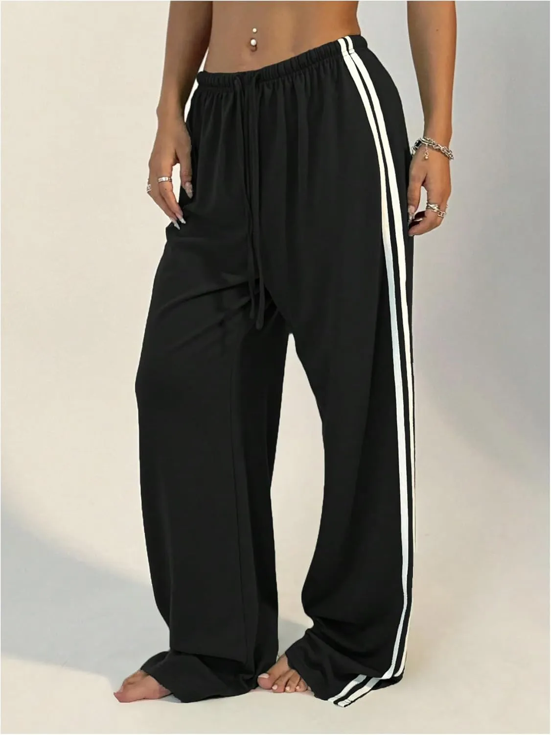 WDIRARA Women's Side Striped Drawstring Waist Sweatpants Athletic Workout Track Pants Streetwear