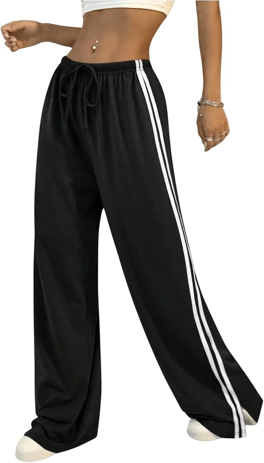 WDIRARA Women's Side Striped Drawstring Waist Sweatpants Athletic Workout Track Pants Streetwear