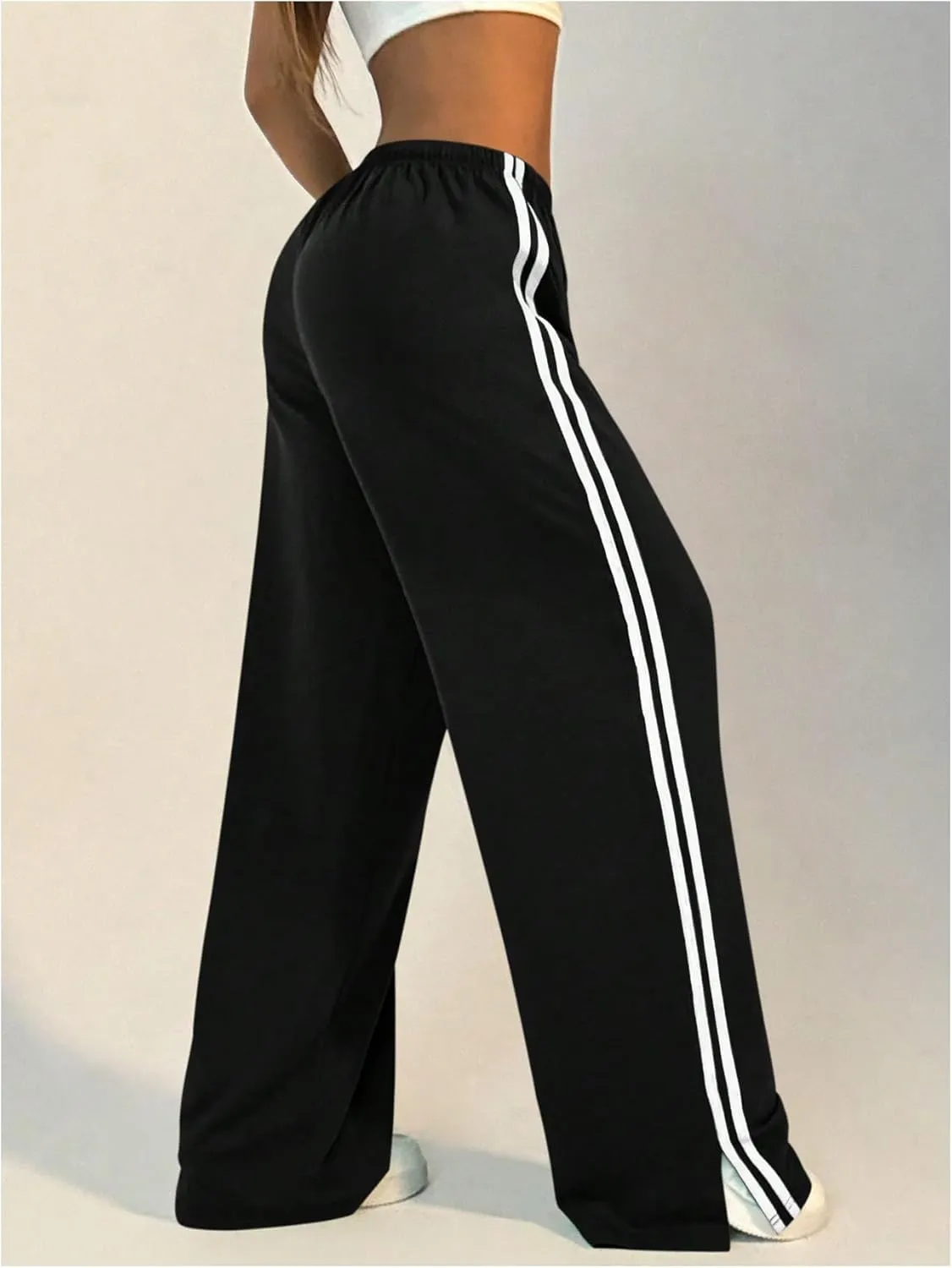 WDIRARA Women's Side Striped Drawstring Waist Sweatpants Athletic Workout Track Pants Streetwear
