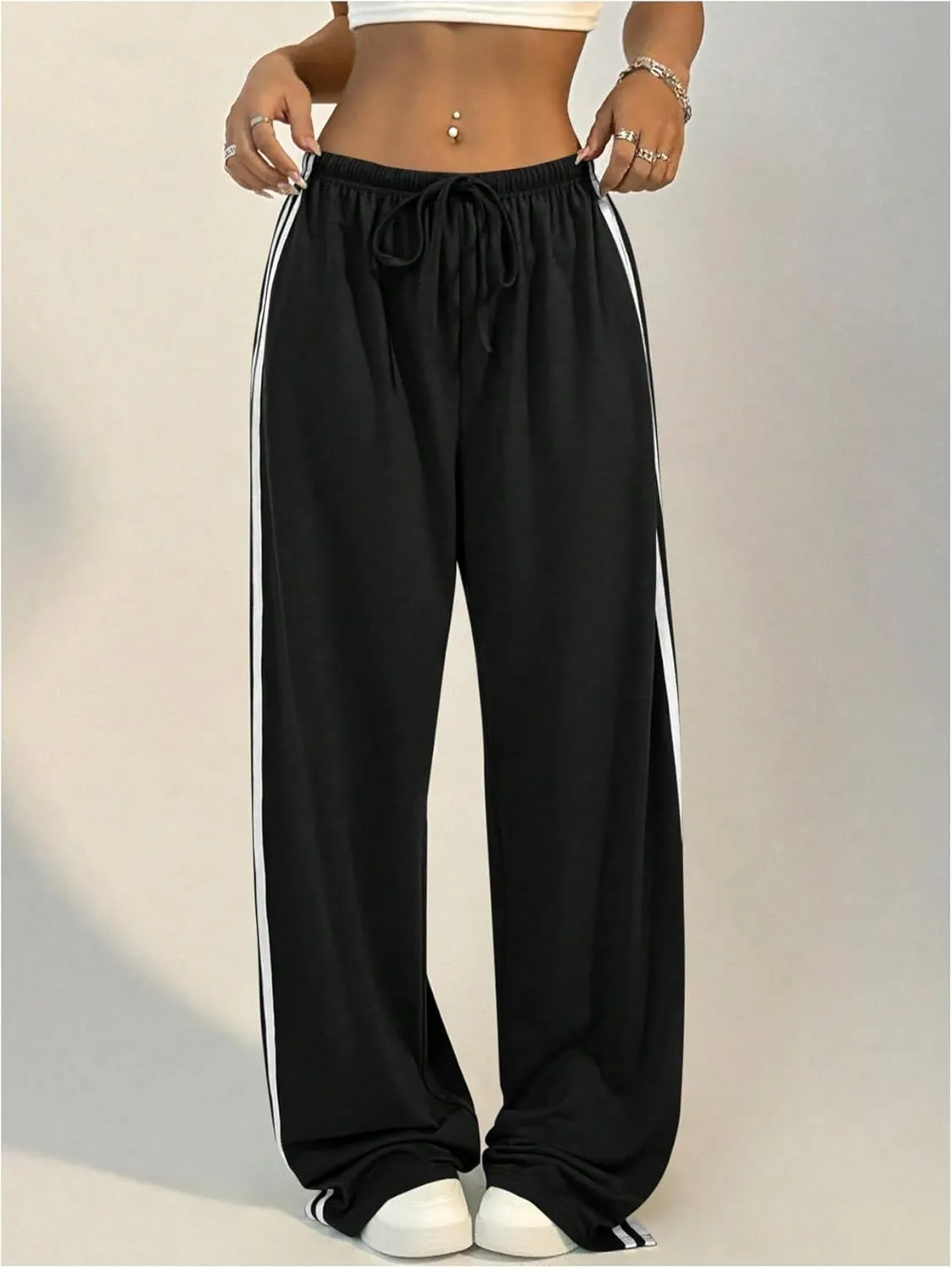 WDIRARA Women's Side Striped Drawstring Waist Sweatpants Athletic Workout Track Pants Streetwear