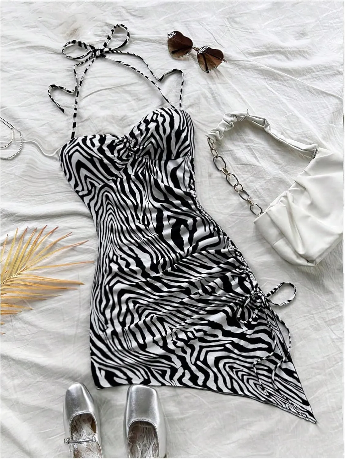 WDIRARA Women's Zebra Striped Sleeveless Halter Mini Dress Drawstring Split Side Asymmetrical Bodycon Dresses