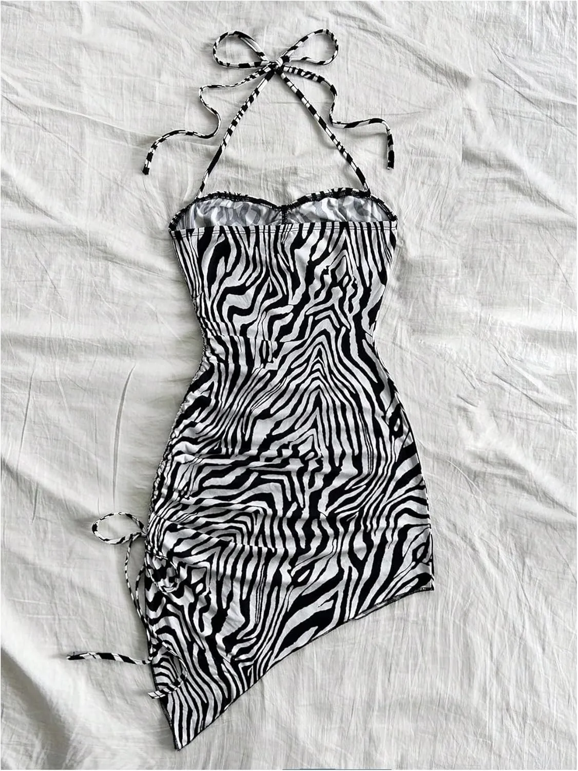 WDIRARA Women's Zebra Striped Sleeveless Halter Mini Dress Drawstring Split Side Asymmetrical Bodycon Dresses