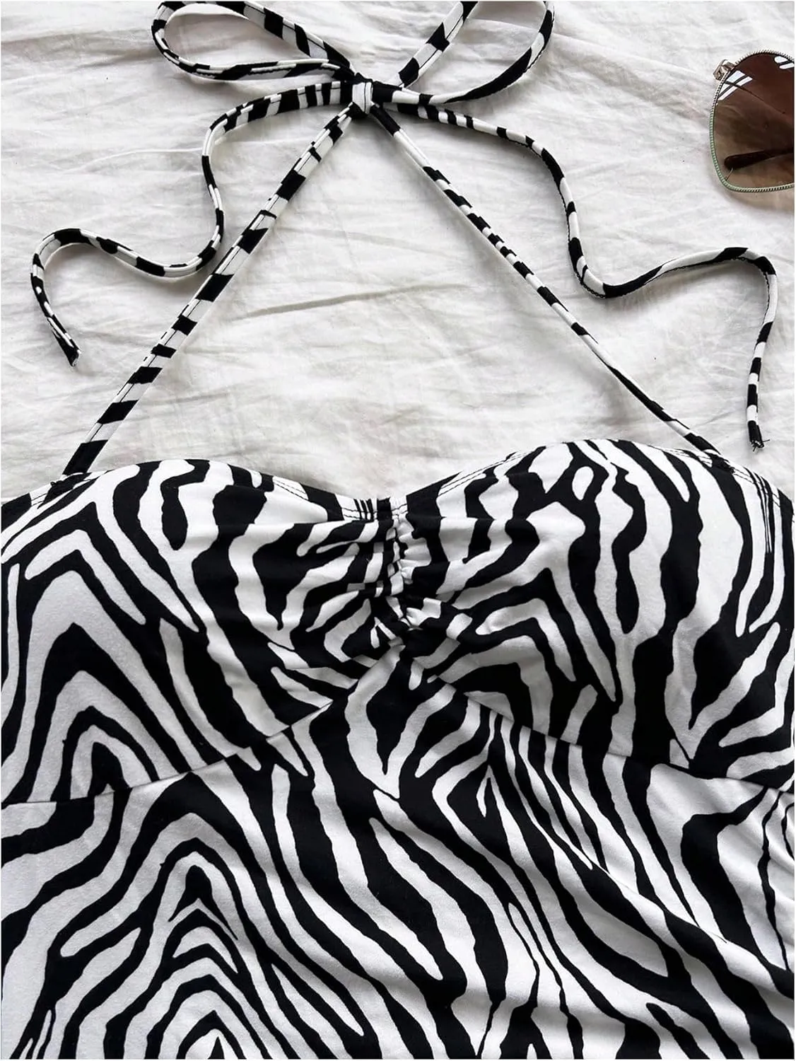 WDIRARA Women's Zebra Striped Sleeveless Halter Mini Dress Drawstring Split Side Asymmetrical Bodycon Dresses