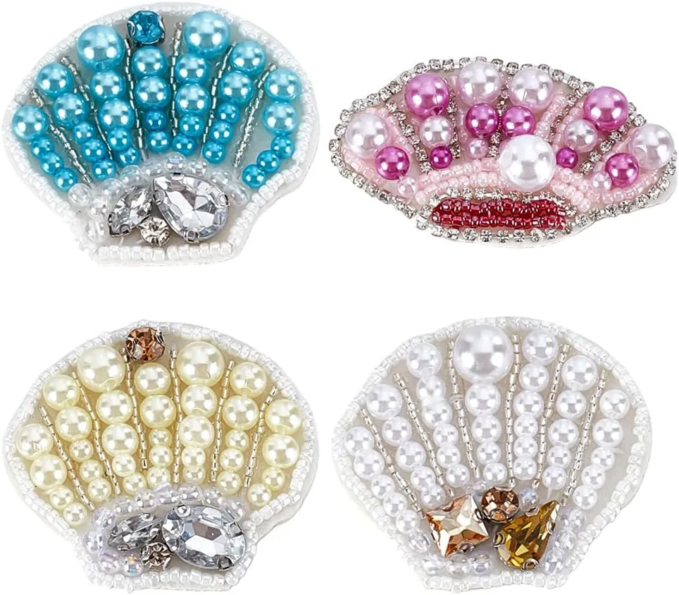 WEBEEDY 4 Colors Shell Beaded Patches DIY Sew on Pearl Rhinestone Embroidery Applique Shining Ocean Animals Beaded Patches Applique Cartoon Repair Patch for Clothes Bag Shoes Summer DIY Accessories