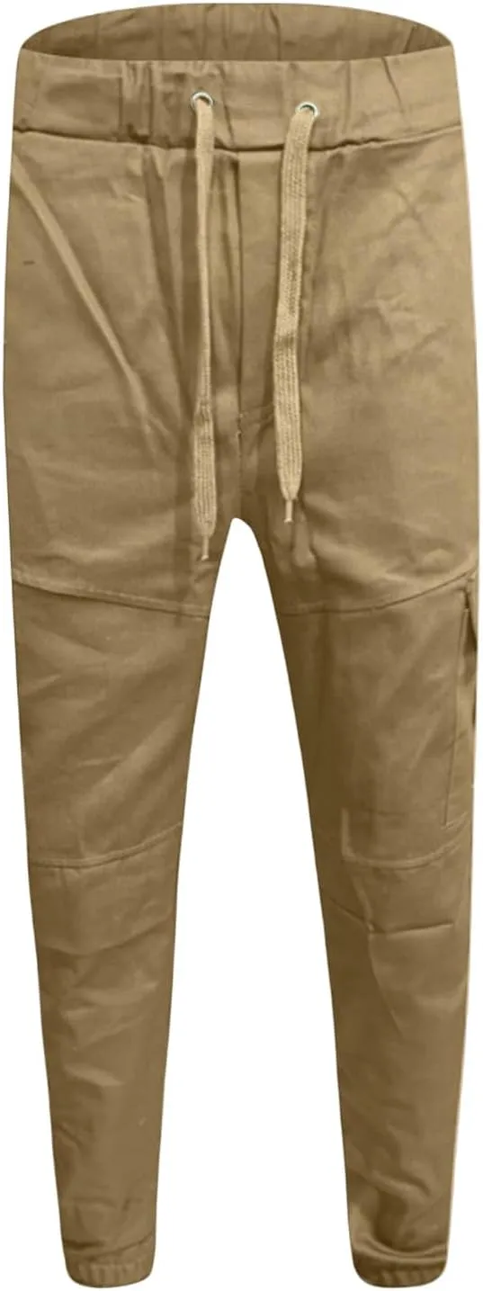 WENKOMG1 Tactical Pants for Men Elastic Ankle and Waist Drawstring Multipockets Casual Cargo Pants Basic Summer Workwear