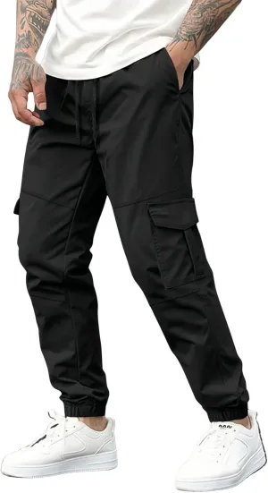 WENKOMG1 Tactical Pants for Men Elastic Ankle and Waist Drawstring Multipockets Casual Cargo Pants Basic Summer Workwear