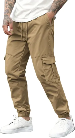 WENKOMG1 Tactical Pants for Men Elastic Ankle and Waist Drawstring Multipockets Casual Cargo Pants Basic Summer Workwear