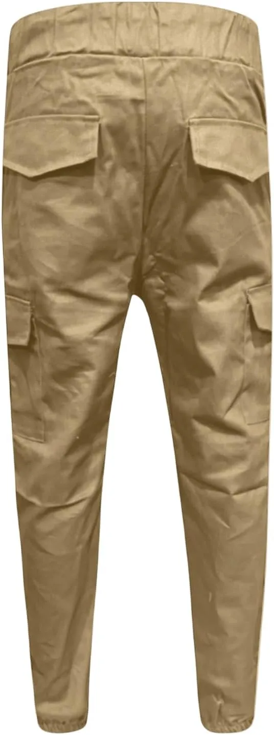 WENKOMG1 Tactical Pants for Men Elastic Ankle and Waist Drawstring Multipockets Casual Cargo Pants Basic Summer Workwear