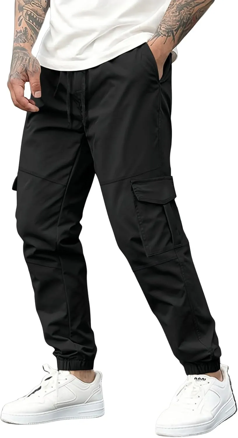 WENKOMG1 Tactical Pants for Men Elastic Ankle and Waist Drawstring Multipockets Casual Cargo Pants Basic Summer Workwear