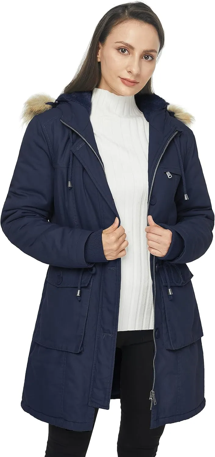 WenVen Women's Winter Thicken Fleece Jacket Fur Hooded Military Parka Coat