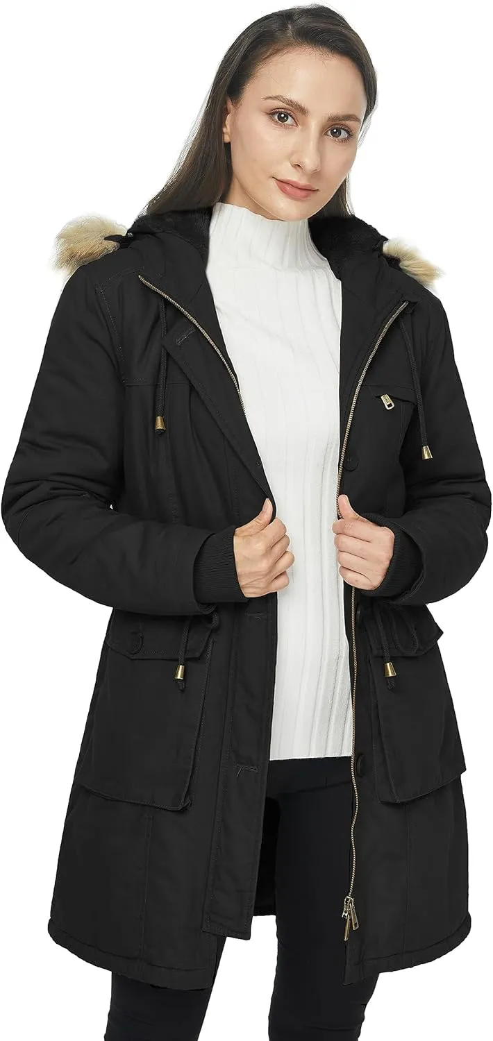 WenVen Women's Winter Thicken Fleece Jacket Fur Hooded Military Parka Coat