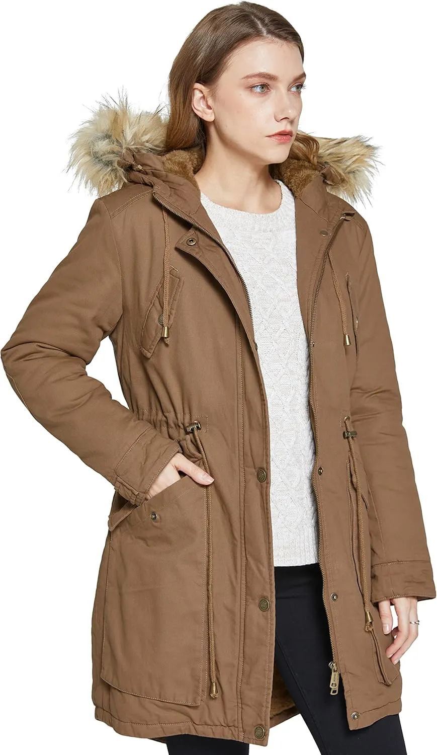 WenVen Women's Winter Thicken Fleece Jacket Fur Hooded Military Parka Coat
