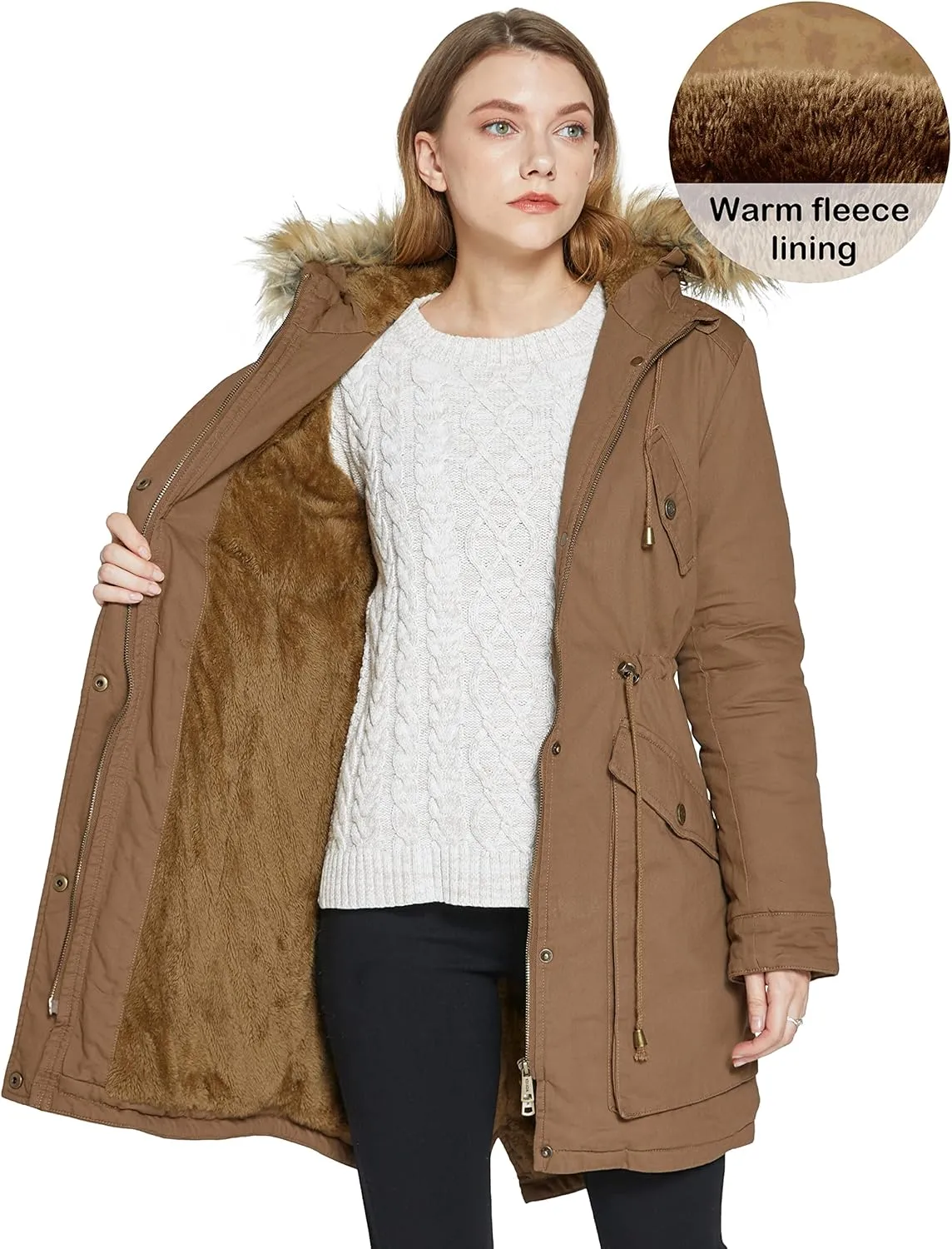 WenVen Women's Winter Thicken Fleece Jacket Fur Hooded Military Parka Coat