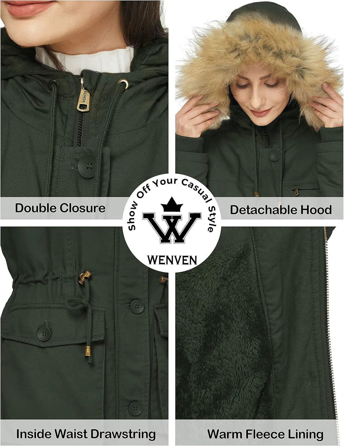 WenVen Women's Winter Thicken Fleece Jacket Fur Hooded Military Parka Coat