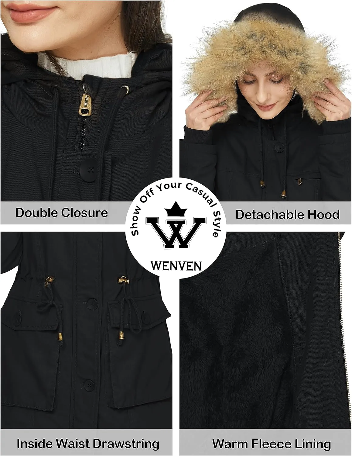 WenVen Women's Winter Thicken Fleece Jacket Fur Hooded Military Parka Coat