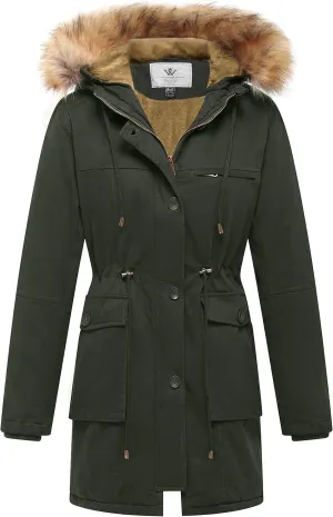 WenVen Women's Winter Thicken Fleece Jacket Fur Hooded Military Parka Coat