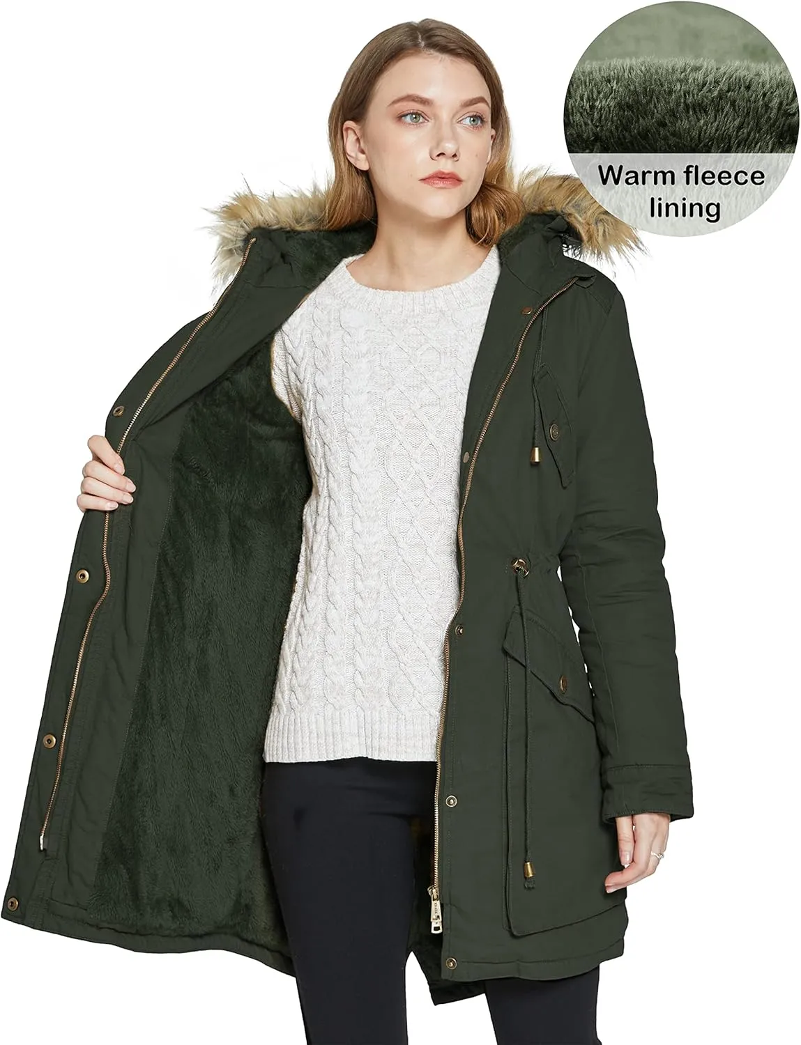 WenVen Women's Winter Thicken Fleece Jacket Fur Hooded Military Parka Coat