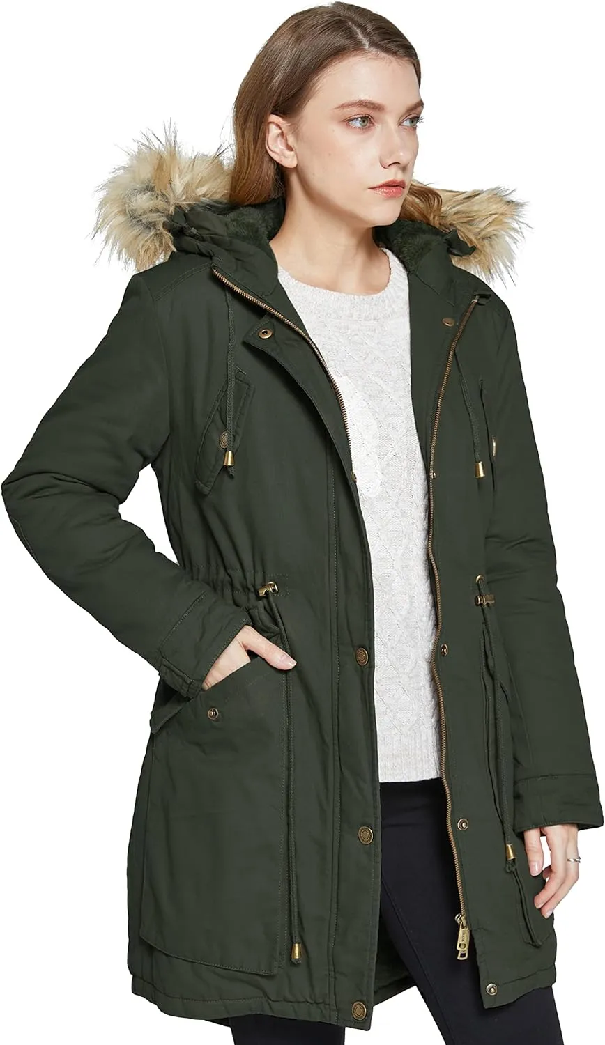WenVen Women's Winter Thicken Fleece Jacket Fur Hooded Military Parka Coat