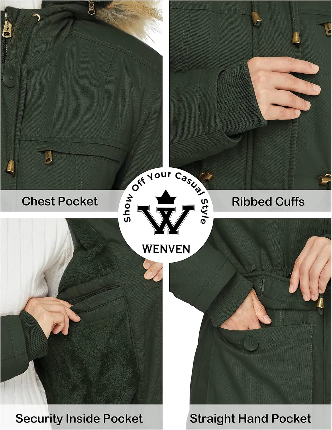 WenVen Women's Winter Thicken Fleece Jacket Fur Hooded Military Parka Coat