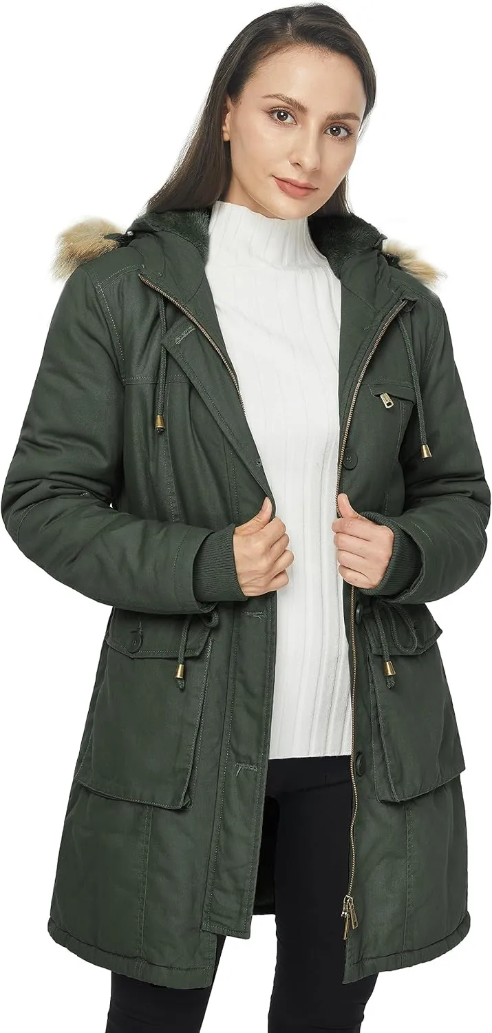 WenVen Women's Winter Thicken Fleece Jacket Fur Hooded Military Parka Coat