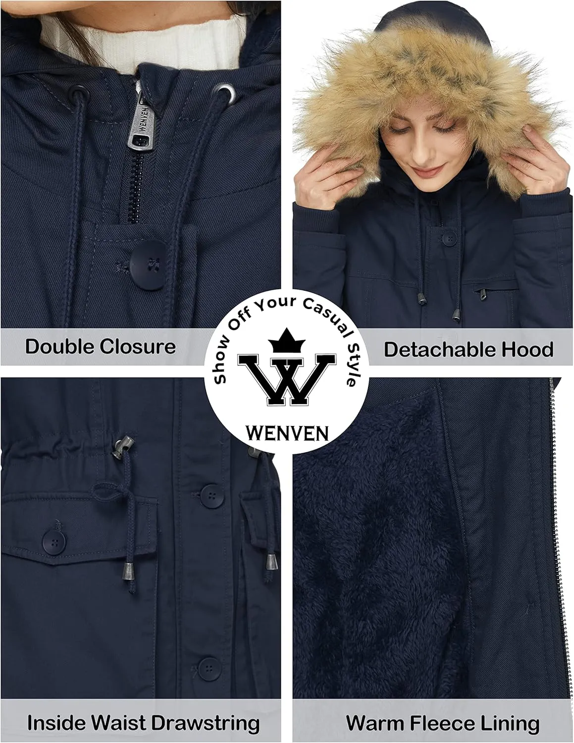 WenVen Women's Winter Thicken Fleece Jacket Fur Hooded Military Parka Coat