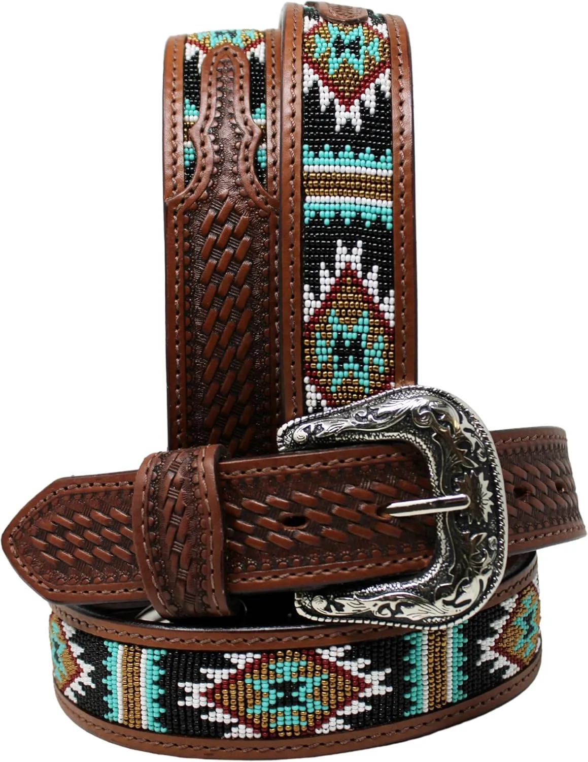 Western 1-1/2" Basket Weave Tooled Aztec Beaded Full-Grain Leather Belt 26RS116