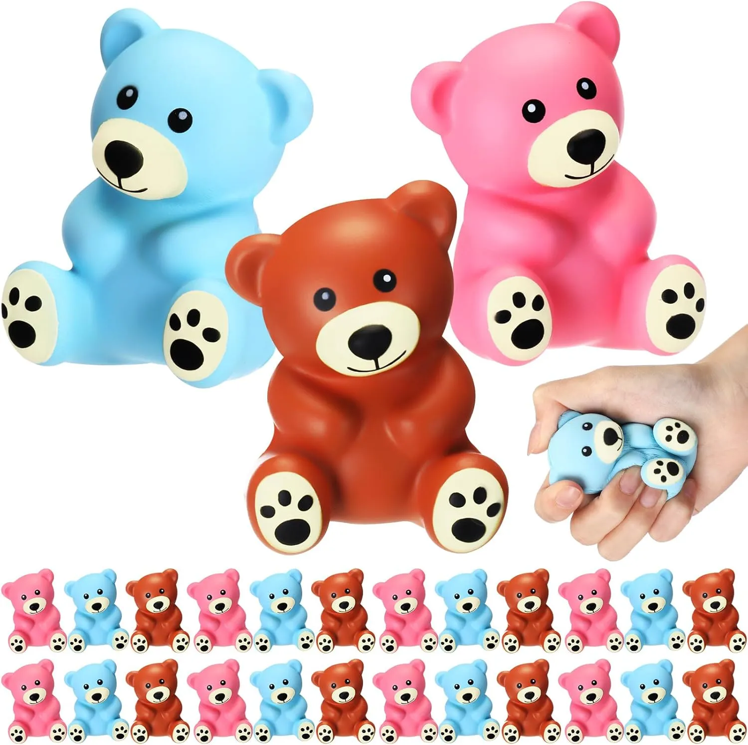 Wettarn 24 Pcs Bear Toys Bulk Foam Party Favors End of Year Gifts Squeeze Baby Shower Birthday Gift Supplies Stress Squeeze Bear Hand Exercise Dough Fidget Toy for Boys Girls Adults Anxiety Relief