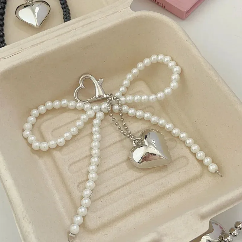 White Bowknot Heart Keychain Women Sweet Charm Pearl Bow Backpack Key Ring Handmade Jewelry Ornament Bags Pendants Gif