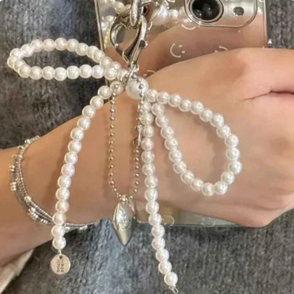White Bowknot Heart Keychain Women Sweet Charm Pearl Bow Backpack Key Ring Handmade Jewelry Ornament Bags Pendants Gif