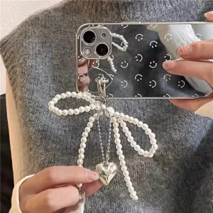 White Bowknot Heart Keychain Women Sweet Charm Pearl Bow Backpack Key Ring Handmade Jewelry Ornament Bags Pendants Gif