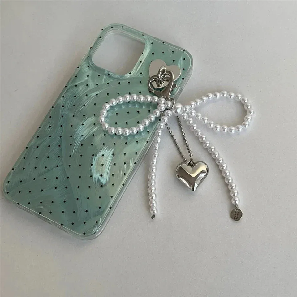 White Bowknot Heart Keychain Women Sweet Charm Pearl Bow Backpack Key Ring Handmade Jewelry Ornament Bags Pendants Gif