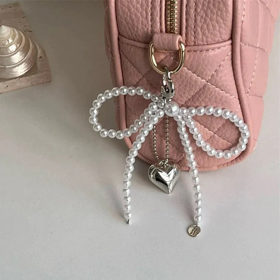 White Bowknot Heart Keychain Women Sweet Charm Pearl Bow Backpack Key Ring Handmade Jewelry Ornament Bags Pendants Gif