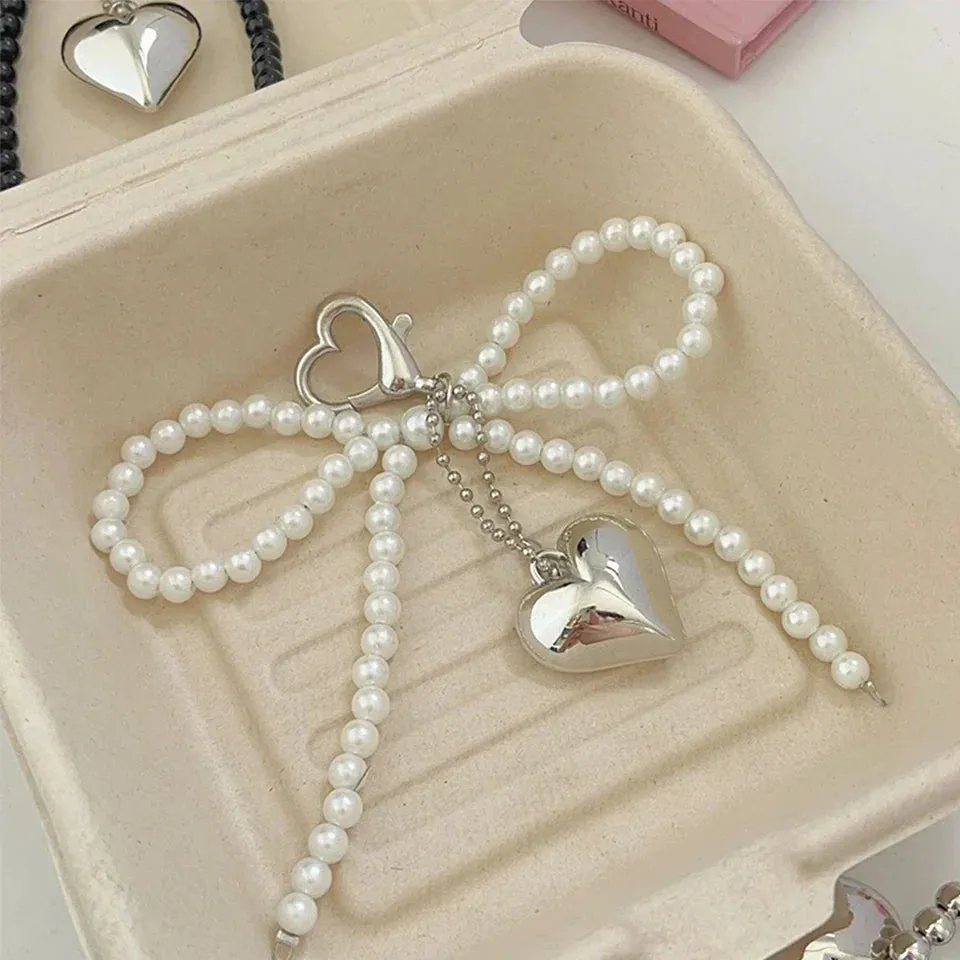 White Bowknot Heart Keychain Women Sweet Charm Pearl Bow Backpack Key Ring Handmade Jewelry Ornament Bags Pendants Gif